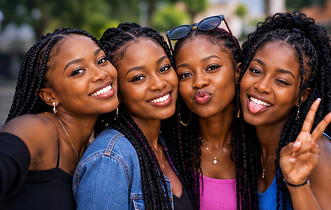 Four smiling young women taking a selfie together