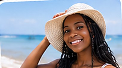 A smiling woman in a sun hat at the beach